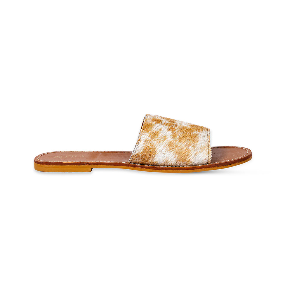 Myra Kemma Hairon Slide Sandals for Women â€“ Comfortable Flat Slides with Tan & White Speckle Print for Western Summer Outings