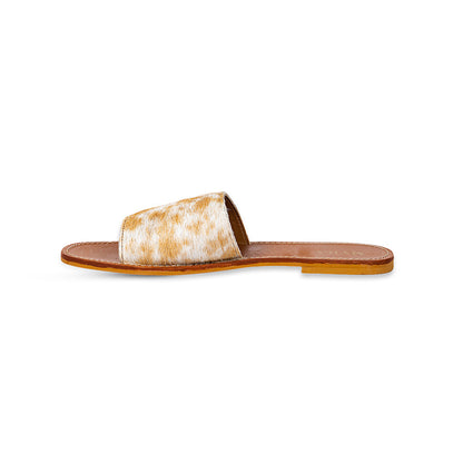 Myra Kemma Hairon Slide Sandals for Women â€“ Comfortable Flat Slides with Tan & White Speckle Print for Western Summer Outings