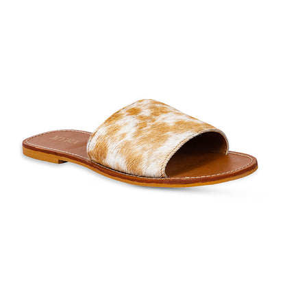 Myra Kemma Hairon Slide Sandals for Women â€“ Comfortable Flat Slides with Tan & White Speckle Print for Western Summer Outings