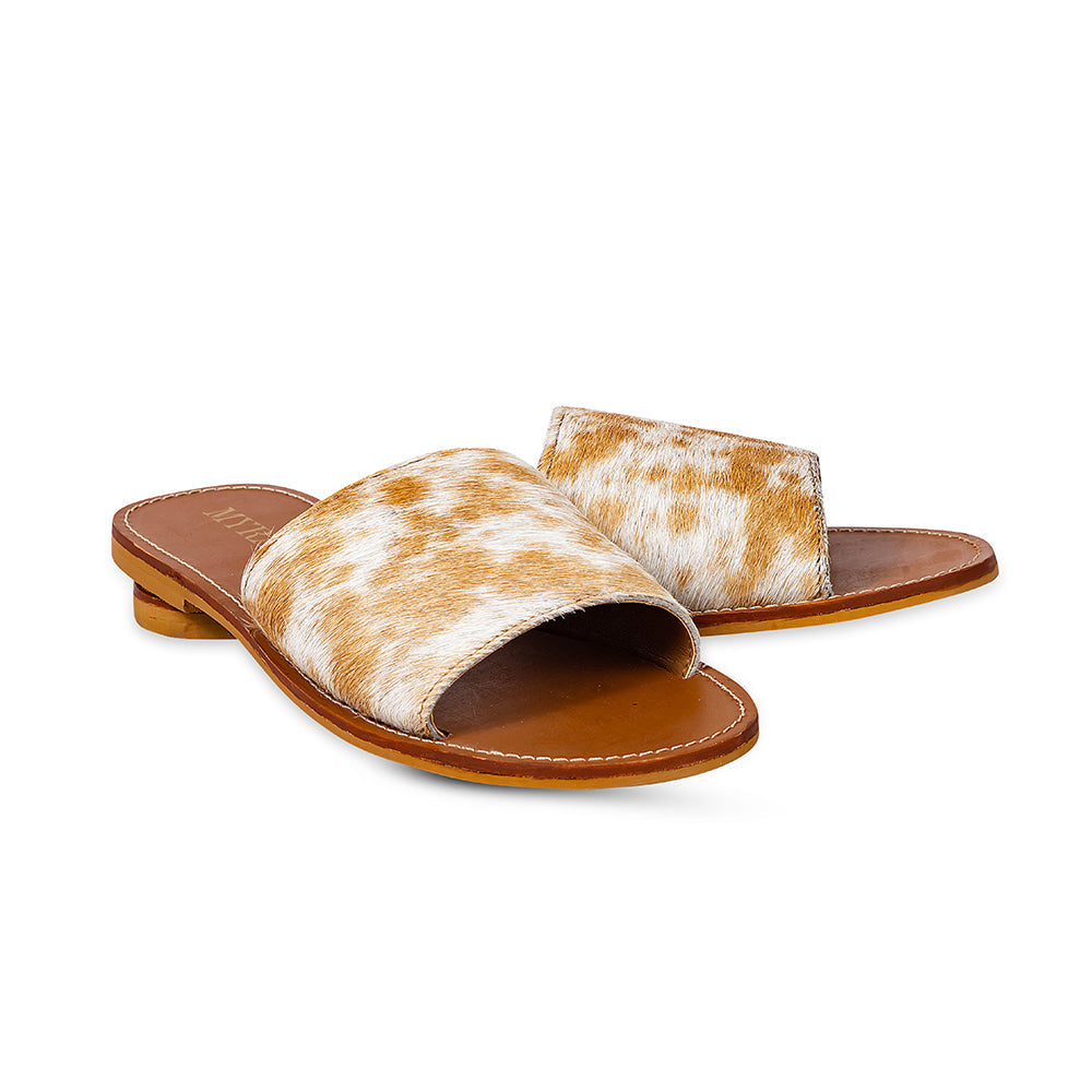 Myra Kemma Hairon Slide Sandals for Women â€“ Comfortable Flat Slides with Tan & White Speckle Print for Western Summer Outings