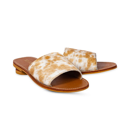 Myra Kemma Hairon Slide Sandals for Women â€“ Comfortable Flat Slides with Tan & White Speckle Print for Western Summer Outings
