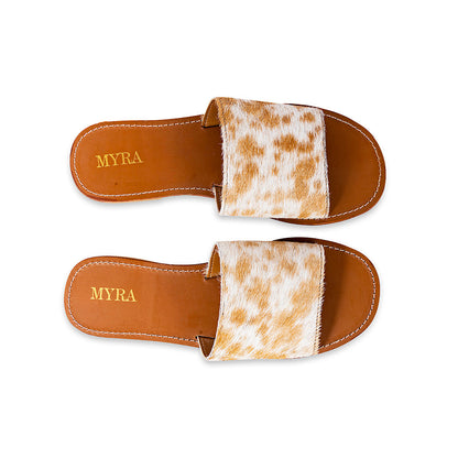 Myra Kemma Hairon Slide Sandals for Women â€“ Comfortable Flat Slides with Tan & White Speckle Print for Western Summer Outings