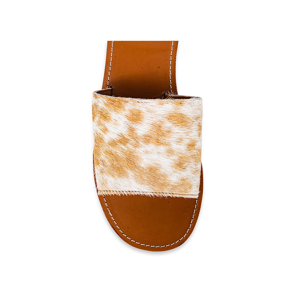 Myra Kemma Hairon Slide Sandals for Women â€“ Comfortable Flat Slides with Tan & White Speckle Print for Western Summer Outings
