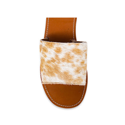 Myra Kemma Hairon Slide Sandals for Women â€“ Comfortable Flat Slides with Tan & White Speckle Print for Western Summer Outings