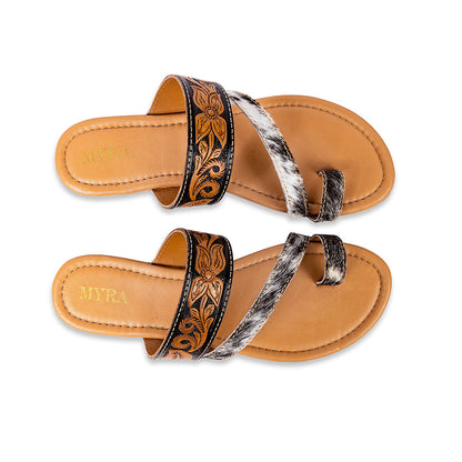 Myra Greta Lee Hair-On Leather Flip Flops for Women - Hand-Tooled Western Slippers with Flat Sole for Everyday Ease
