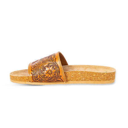 Myra Dottie Handtooled Leather Slide Sandals for Women â€“ Floral Western Tooling with Cork Sole for Casual Comfort
