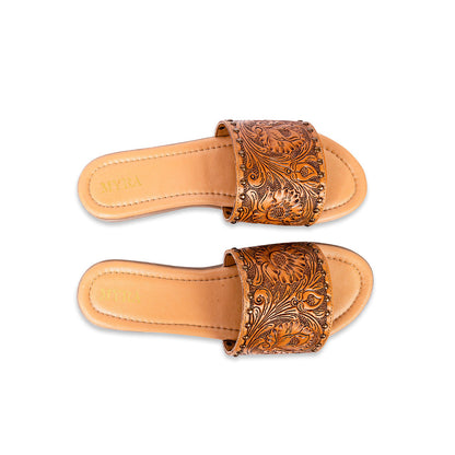 Myra Kasandra Handtooled Leather Slip-Ons for Women – Western Slides with Tooled Floral Design and Padded Insole