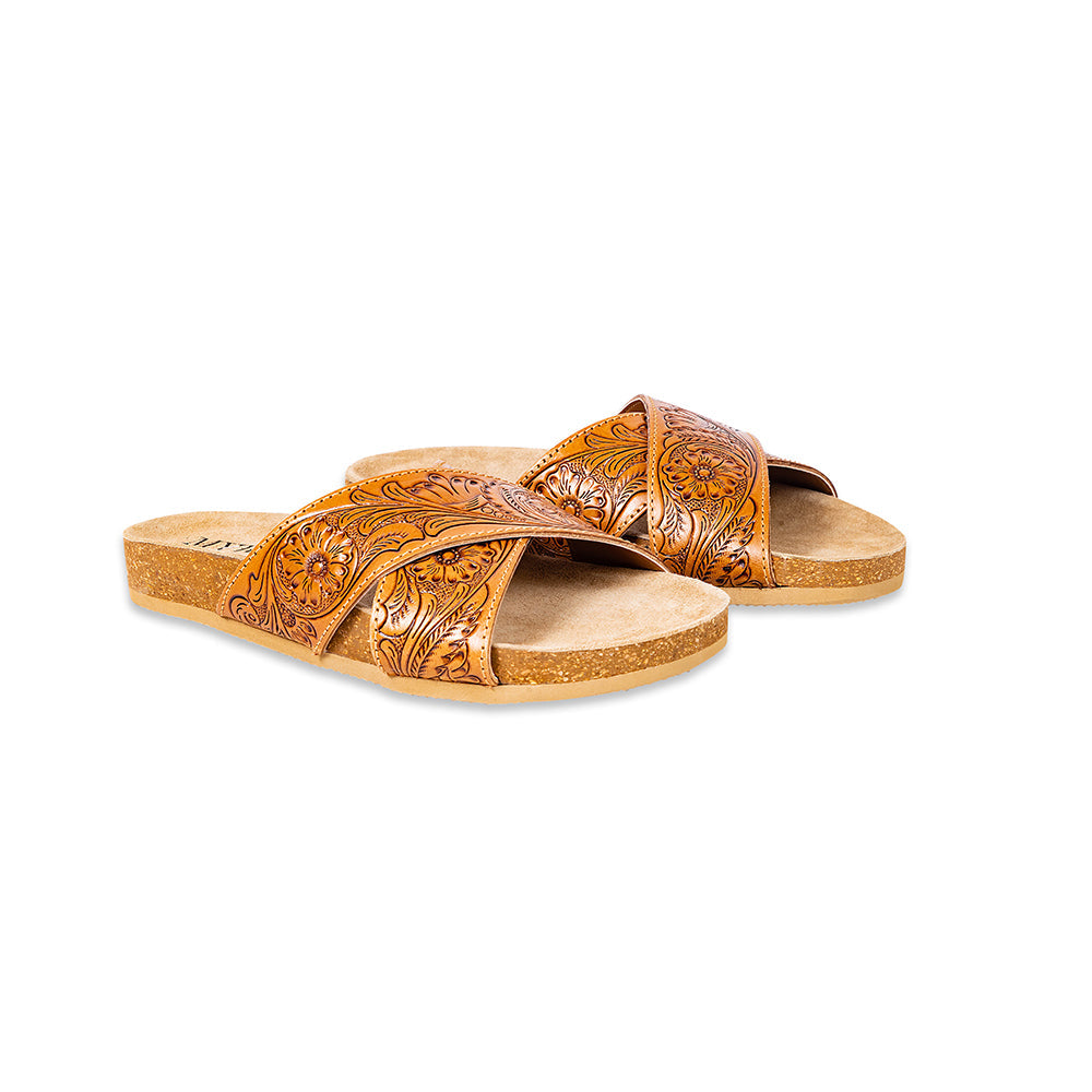 Myra Gracie Handtooled Leather Sandals for Women – Western Criss-Cross Slides with Cork Sole for Ranch, Rodeo, and Everyday Comfort