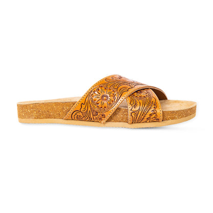 Myra Gracie Handtooled Leather Sandals for Women – Western Criss-Cross Slides with Cork Sole for Ranch, Rodeo, and Everyday Comfort