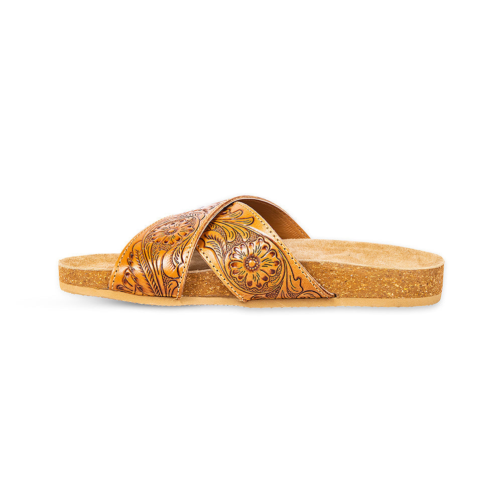 Myra Gracie Handtooled Leather Sandals for Women – Western Criss-Cross Slides with Cork Sole for Ranch, Rodeo, and Everyday Comfort