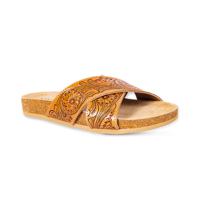 Myra Gracie Handtooled Leather Sandals for Women – Western Criss-Cross Slides with Cork Sole for Ranch, Rodeo, and Everyday Comfort