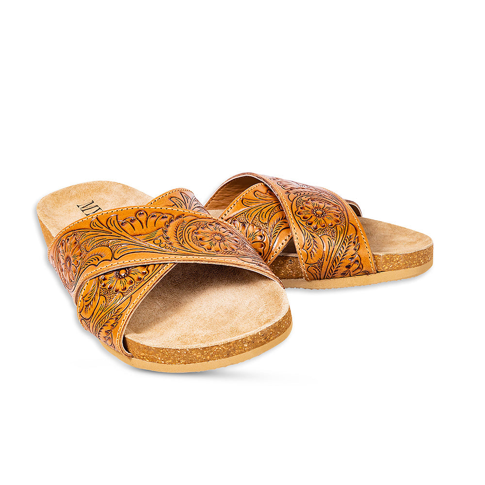 Myra Gracie Handtooled Leather Sandals for Women – Western Criss-Cross Slides with Cork Sole for Ranch, Rodeo, and Everyday Comfort