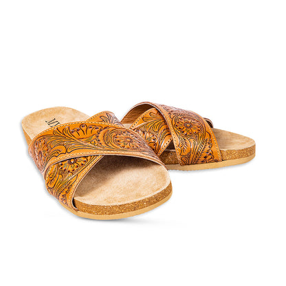 Myra Gracie Handtooled Leather Sandals for Women – Western Criss-Cross Slides with Cork Sole for Ranch, Rodeo, and Everyday Comfort