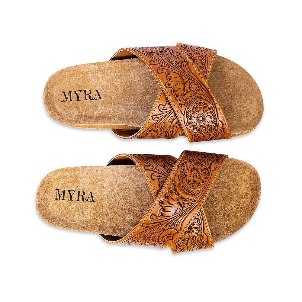 Myra Gracie Handtooled Leather Sandals for Women – Western Criss-Cross Slides with Cork Sole for Ranch, Rodeo, and Everyday Comfort