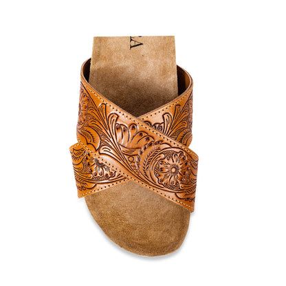 Myra Gracie Handtooled Leather Sandals for Women – Western Criss-Cross Slides with Cork Sole for Ranch, Rodeo, and Everyday Comfort