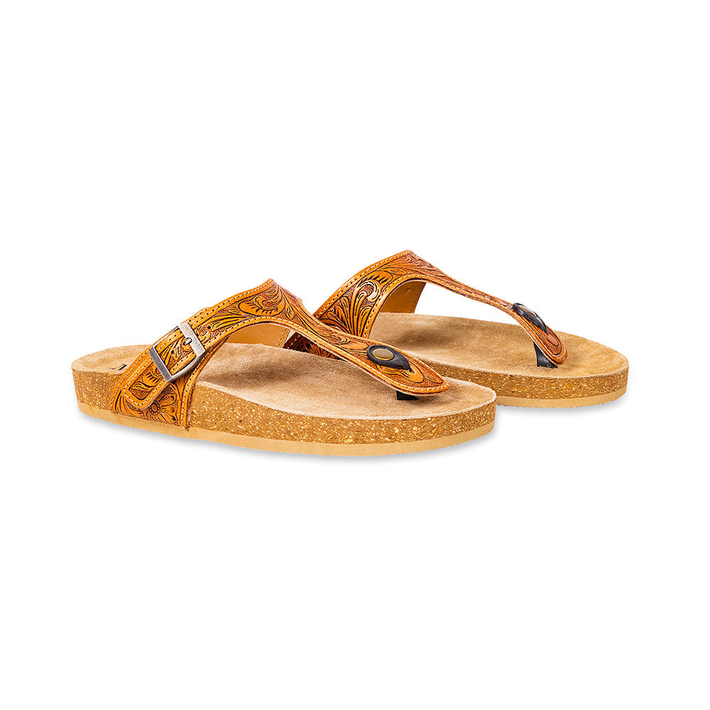 Myra Rosie Trail Handtooled Leather Sandals for Women – Cork Sole, Toe Ring Design for All-Day Comfort