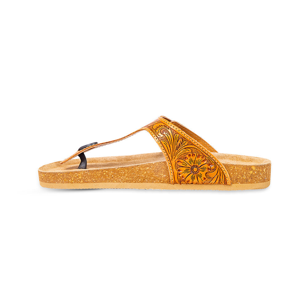 Myra Rosie Trail Handtooled Leather Sandals for Women – Cork Sole, Toe Ring Design for All-Day Comfort