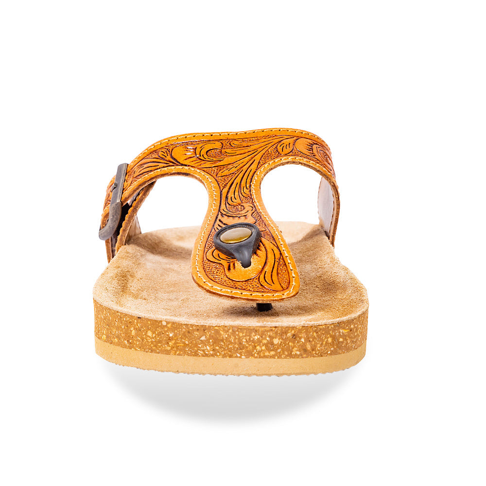 Myra Rosie Trail Handtooled Leather Sandals for Women – Cork Sole, Toe Ring Design for All-Day Comfort