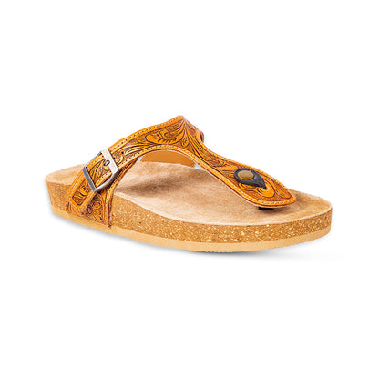 Myra Rosie Trail Handtooled Leather Sandals for Women – Cork Sole, Toe Ring Design for All-Day Comfort
