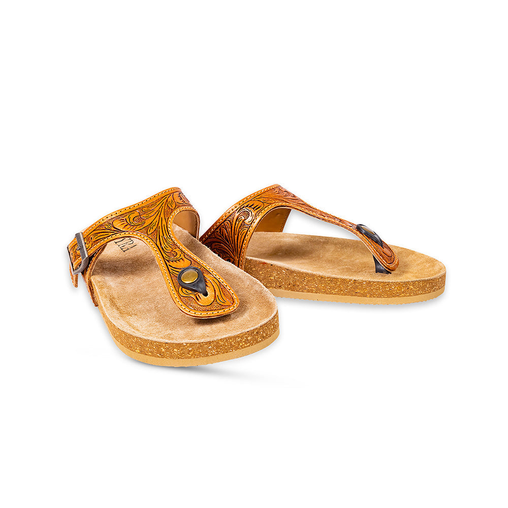 Myra Rosie Trail Handtooled Leather Sandals for Women – Cork Sole, Toe Ring Design for All-Day Comfort