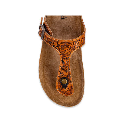 Myra Rosie Trail Handtooled Leather Sandals for Women – Cork Sole, Toe Ring Design for All-Day Comfort