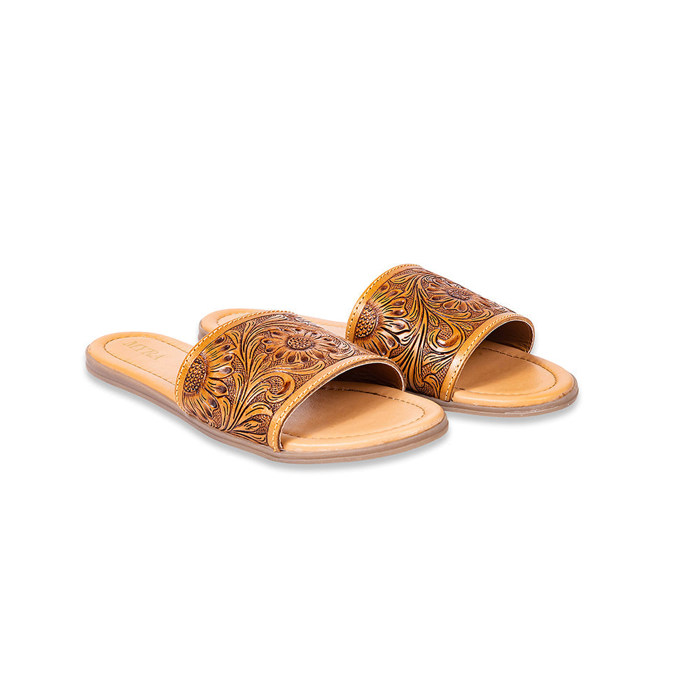 Myra Xena Leather Sandals for Women - Handtooled Floral Pattern Slip-on Sandals for Everyday Bohemian Comfort