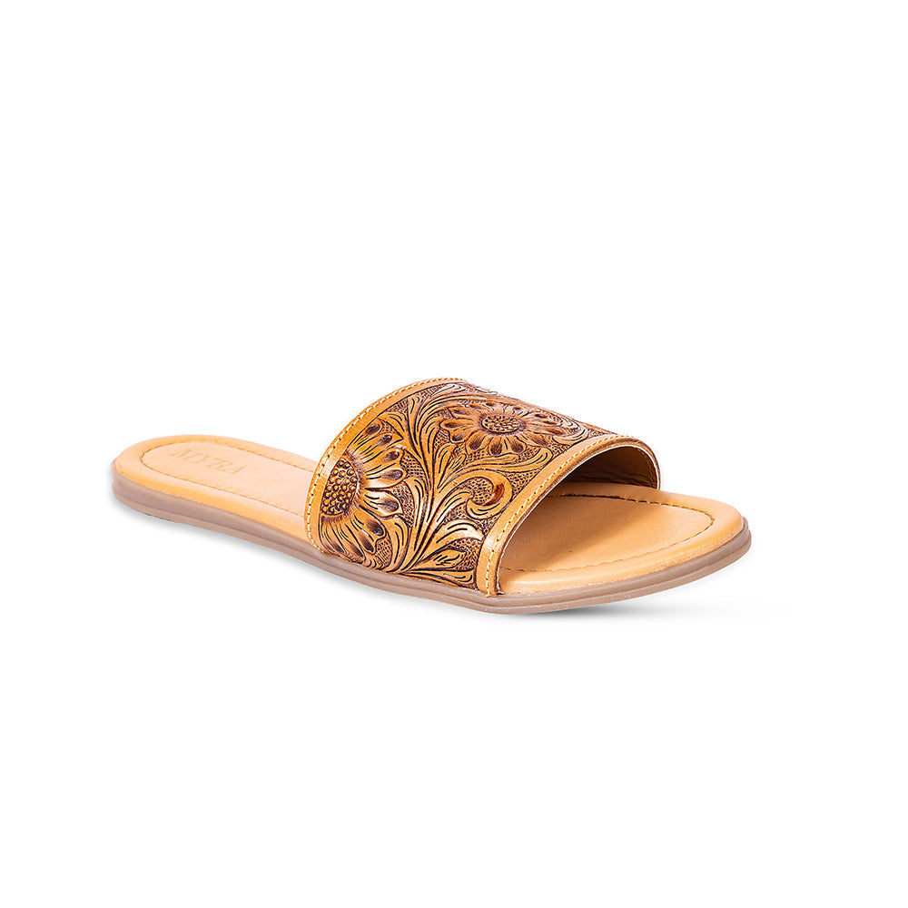 Myra Xena Leather Sandals for Women - Handtooled Floral Pattern Slip-on Sandals for Everyday Bohemian Comfort