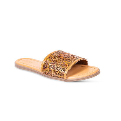 Myra Xena Leather Sandals for Women - Handtooled Floral Pattern Slip-on Sandals for Everyday Bohemian Comfort