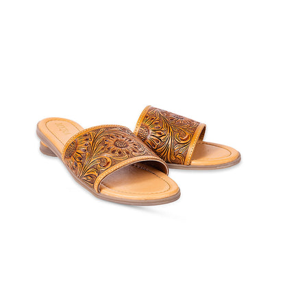 Myra Xena Leather Sandals for Women - Handtooled Floral Pattern Slip-on Sandals for Everyday Bohemian Comfort