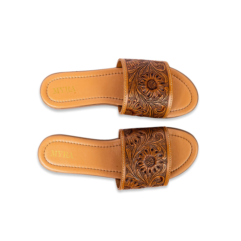 Myra Xena Leather Sandals for Women - Handtooled Floral Pattern Slip-on Sandals for Everyday Bohemian Comfort