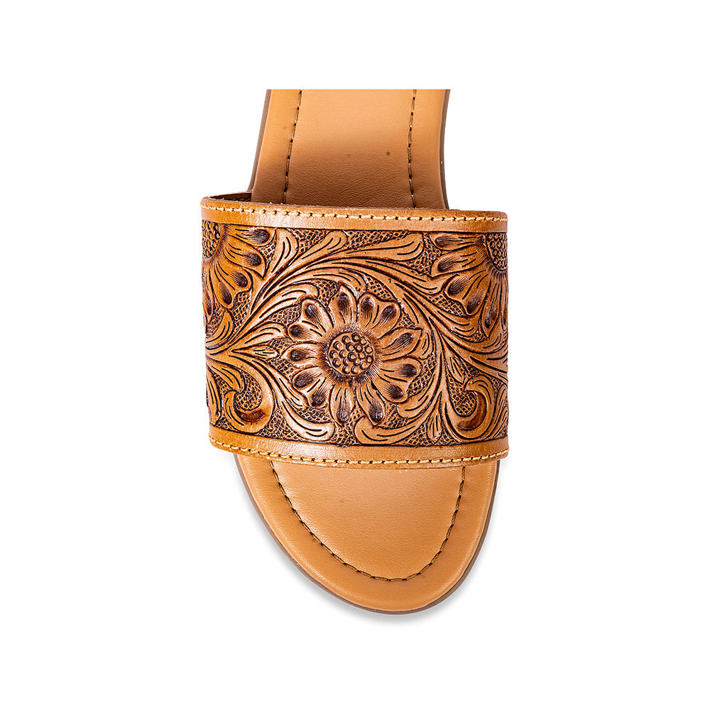 Myra Xena Leather Sandals for Women - Handtooled Floral Pattern Slip-on Sandals for Everyday Bohemian Comfort
