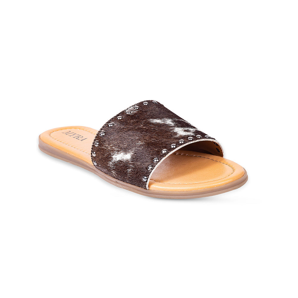 Myra Lettie Ridge Dark Hair-On Leather Flip Flops for Women - Western Slide Sandals with Soft Sole for Casual Comfort