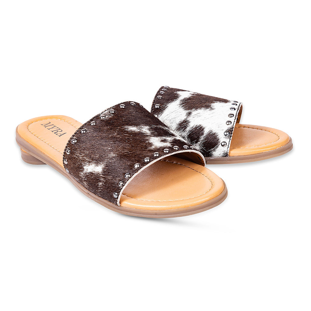 Myra Lettie Ridge Dark Hair-On Leather Flip Flops for Women - Western Slide Sandals with Soft Sole for Casual Comfort