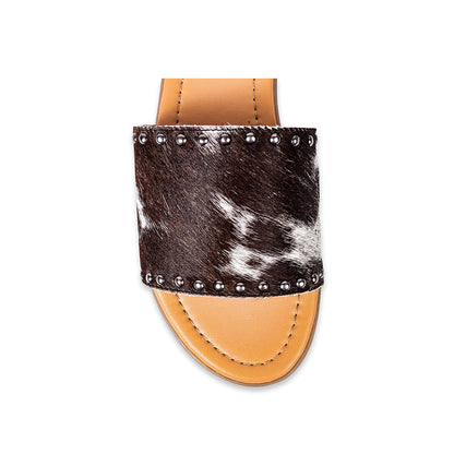 Myra Lettie Ridge Dark Hair-On Leather Flip Flops for Women - Western Slide Sandals with Soft Sole for Casual Comfort