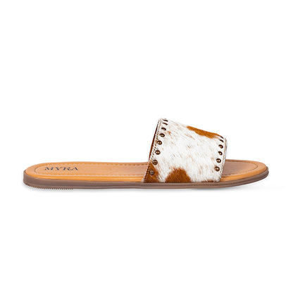 Myra Lettie Ridge Light Hair-On Leather Flip Flops for Women - Western Slide Sandals with Soft Sole for Casual Comfort