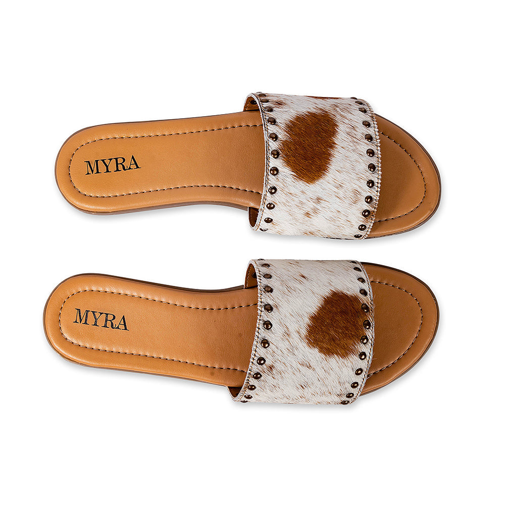 Myra Lettie Ridge Light Hair-On Leather Flip Flops for Women - Western Slide Sandals with Soft Sole for Casual Comfort