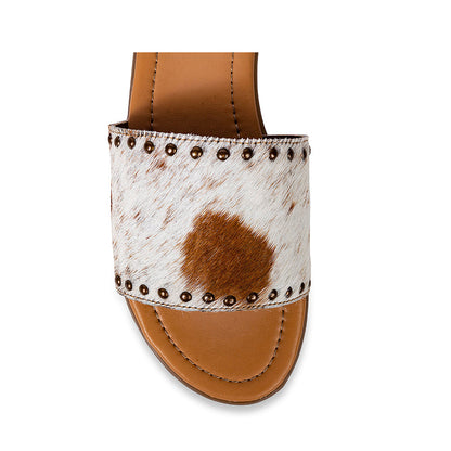 Myra Lettie Ridge Light Hair-On Leather Flip Flops for Women - Western Slide Sandals with Soft Sole for Casual Comfort