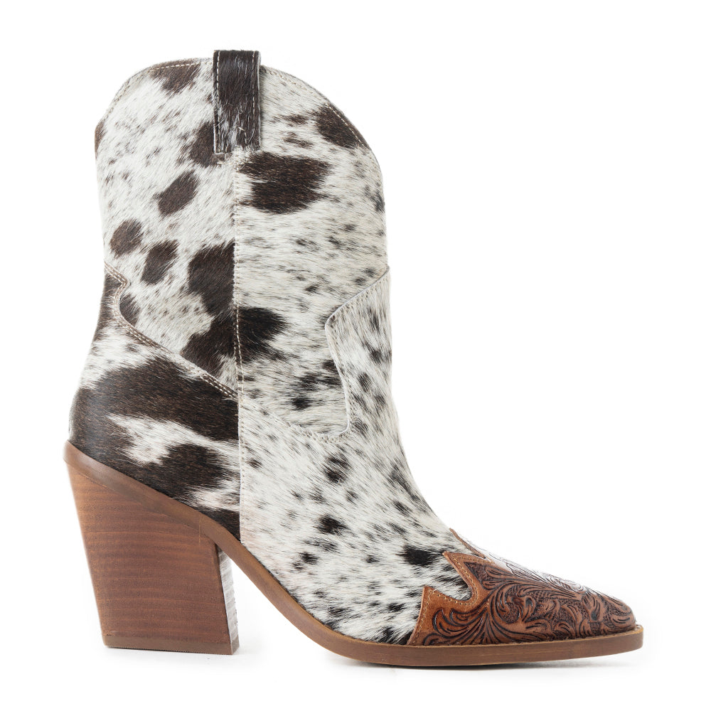 Myra Flossie Hairon Boots for Women - Mid Top Heels with Handtooled Details for Western Carnival Flair