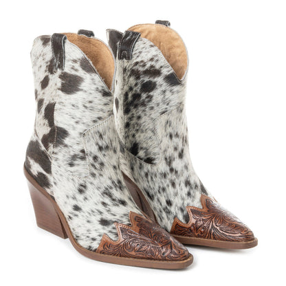 Myra Flossie Hairon Boots for Women - Mid Top Heels with Handtooled Details for Western Carnival Flair