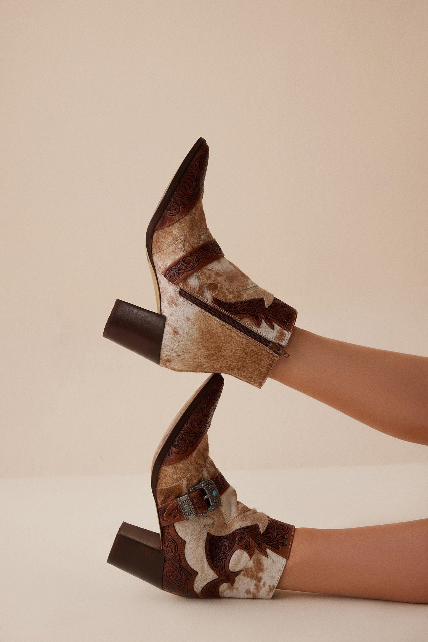 Myra Goldie Hairon Leather Boots for Women - Ankle Boots with Handtooled Leather Accents & Block Heels for Carnival Fun