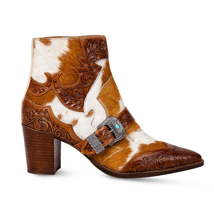 Myra Goldie Hairon Leather Boots for Women - Ankle Boots with Handtooled Leather Accents & Block Heels for Carnival Fun
