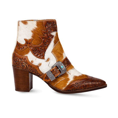 Myra Goldie Hairon Leather Boots for Women - Ankle Boots with Handtooled Leather Accents & Block Heels for Carnival Fun