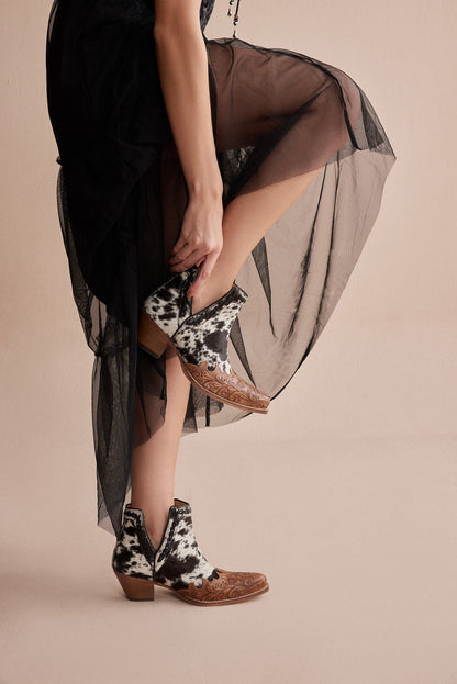 Myra Georgina Hairon Boots for Women - Spilt-Top Handtooled Pointed Toe Cowgirl Boots for Rustic Rodeo Glam