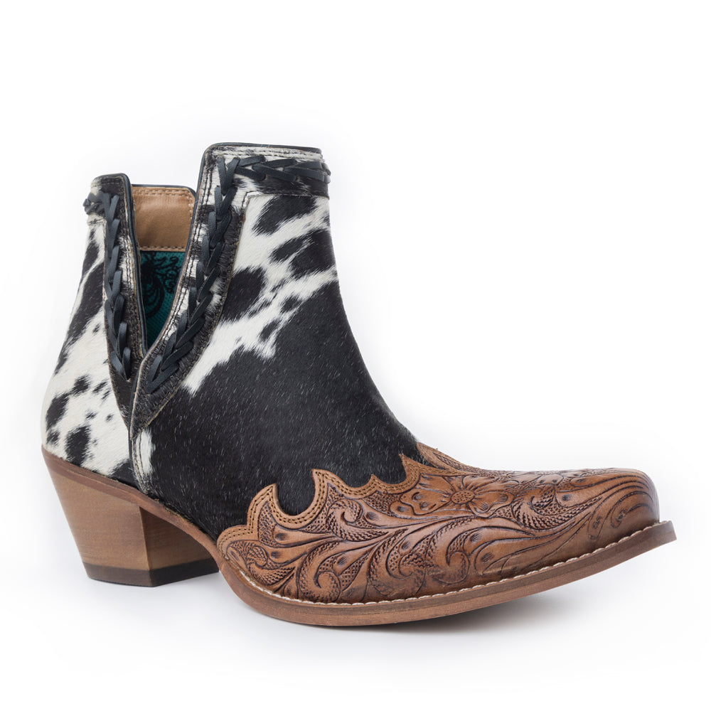 Myra Georgina Hairon Boots for Women - Spilt-Top Handtooled Pointed Toe Cowgirl Boots for Rustic Rodeo Glam