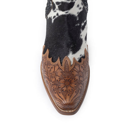 Myra Georgina Hairon Boots for Women - Spilt-Top Handtooled Pointed Toe Cowgirl Boots for Rustic Rodeo Glam