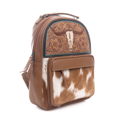 Myra Steer Creek Hairon Backpack for Women – Handtooled Leather, Cowhide Front Pocket, Rustic Western Charm