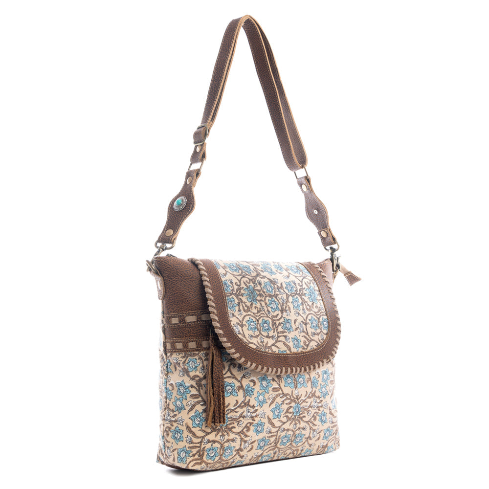 Myra San Ysidro Falls Paisley Print Shoulder Bag for Women – Leather Straps with Turquoise Stud Detailing for Carnival Adventures